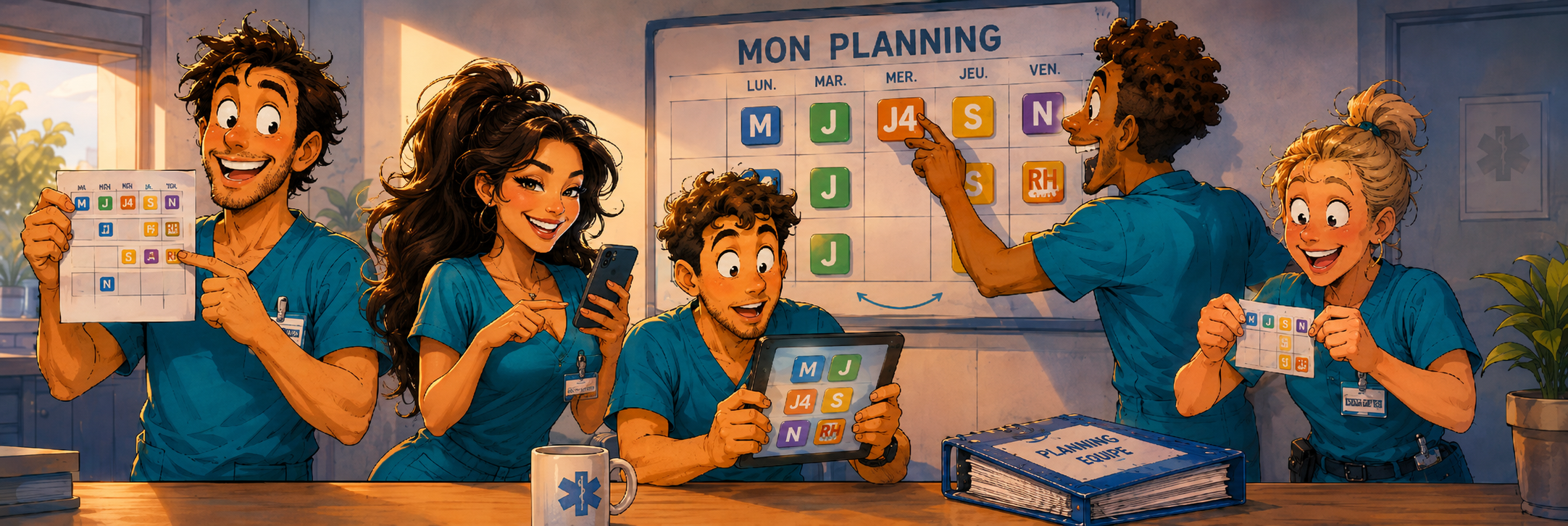 Agents consultant leur planning personnel sur papier, téléphone et tablette