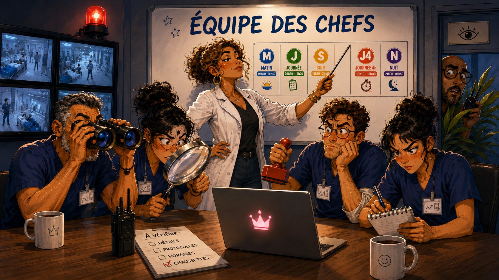 Équipe de brancardiers autour d'un plan d'organisation